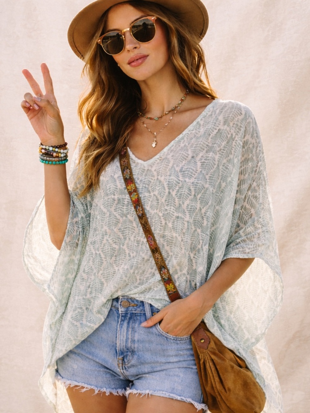 Maelu Fern Leaf Print Gauze Tunic Boho Cottagecore Top or Swimsuit Cover Size M